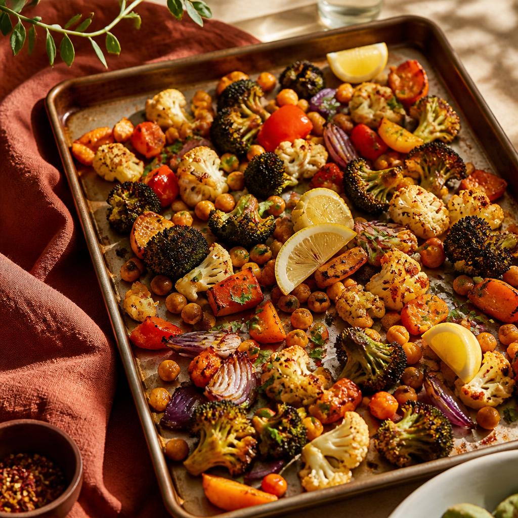 Roasted vegetable tray bowl with carrots, sweet potato, chickpeas and tahini