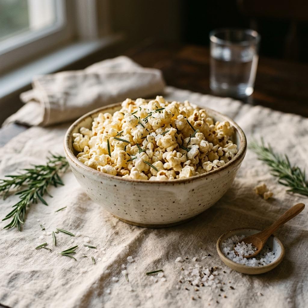 Bowl of rosemary sea salt popcorn with lemon zest and rosemary sprigs