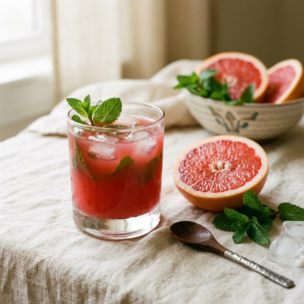 Ruby grapefruit mint juice with grapefruit halves, orange and mint