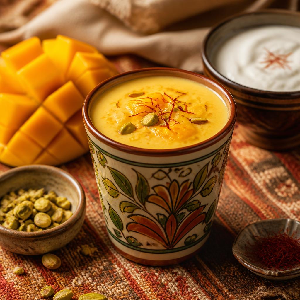 Saffron mango lassi in a painted ceramic glass with pistachios