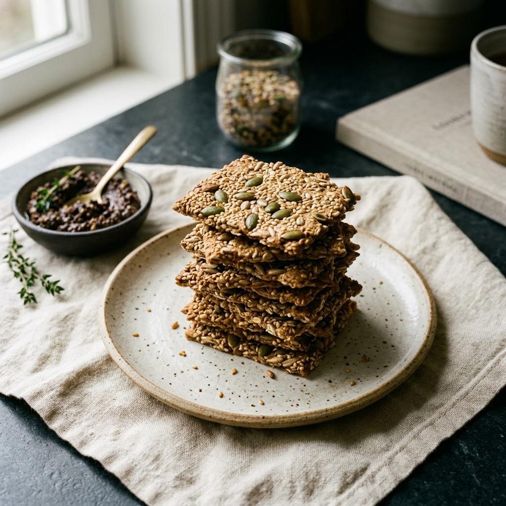 Thin savory oat seed crackers with sesame, flax and rosemary