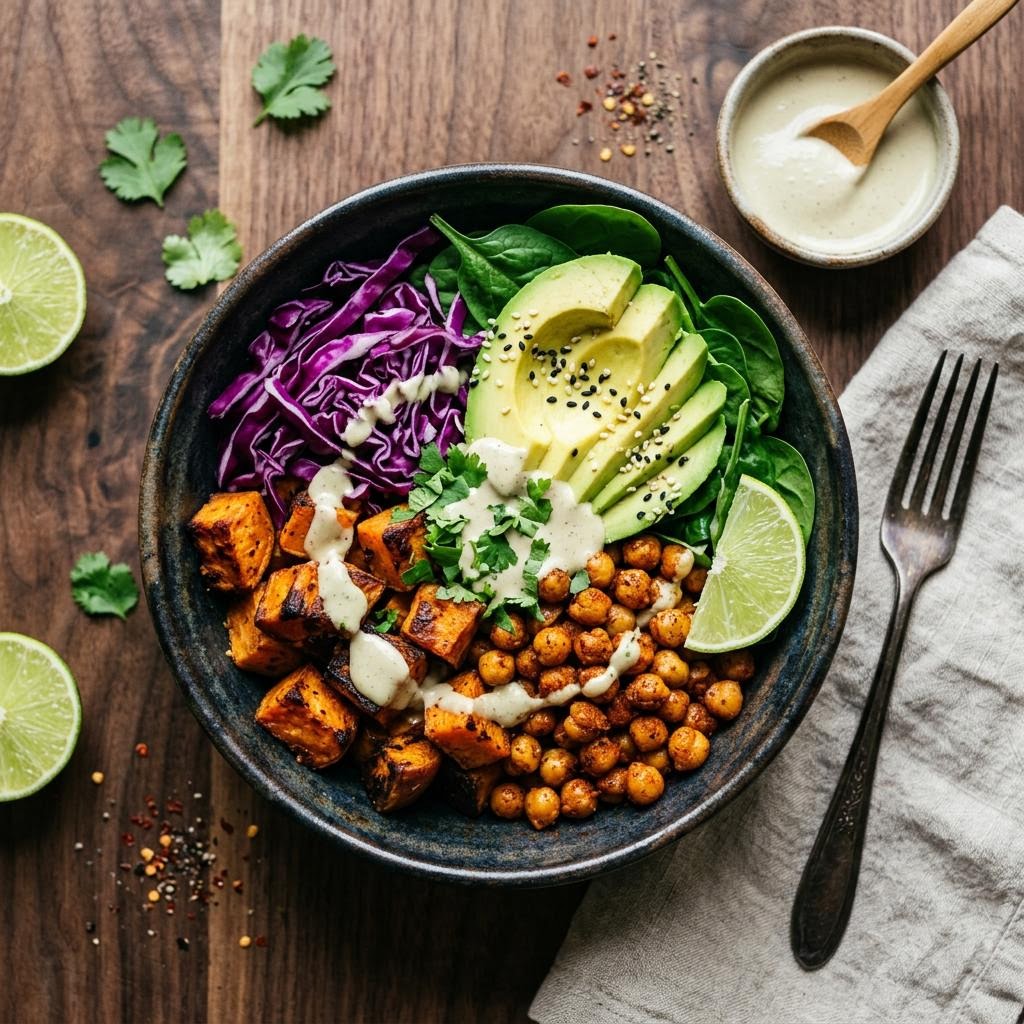 Smoky sweet potato chickpea bowl with cabbage avocado and lime sauce