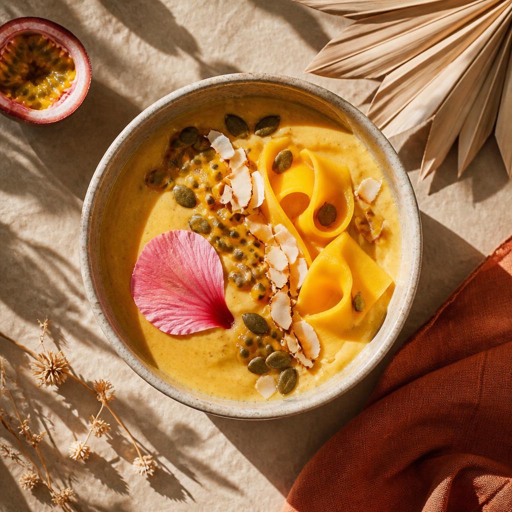 Mango and passion fruit smoothie bowl topped with coconut and pumpkin seeds