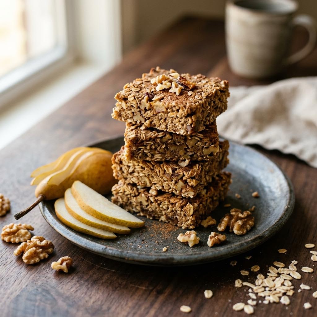 Spiced pear walnut energy squares with oats and cinnamon