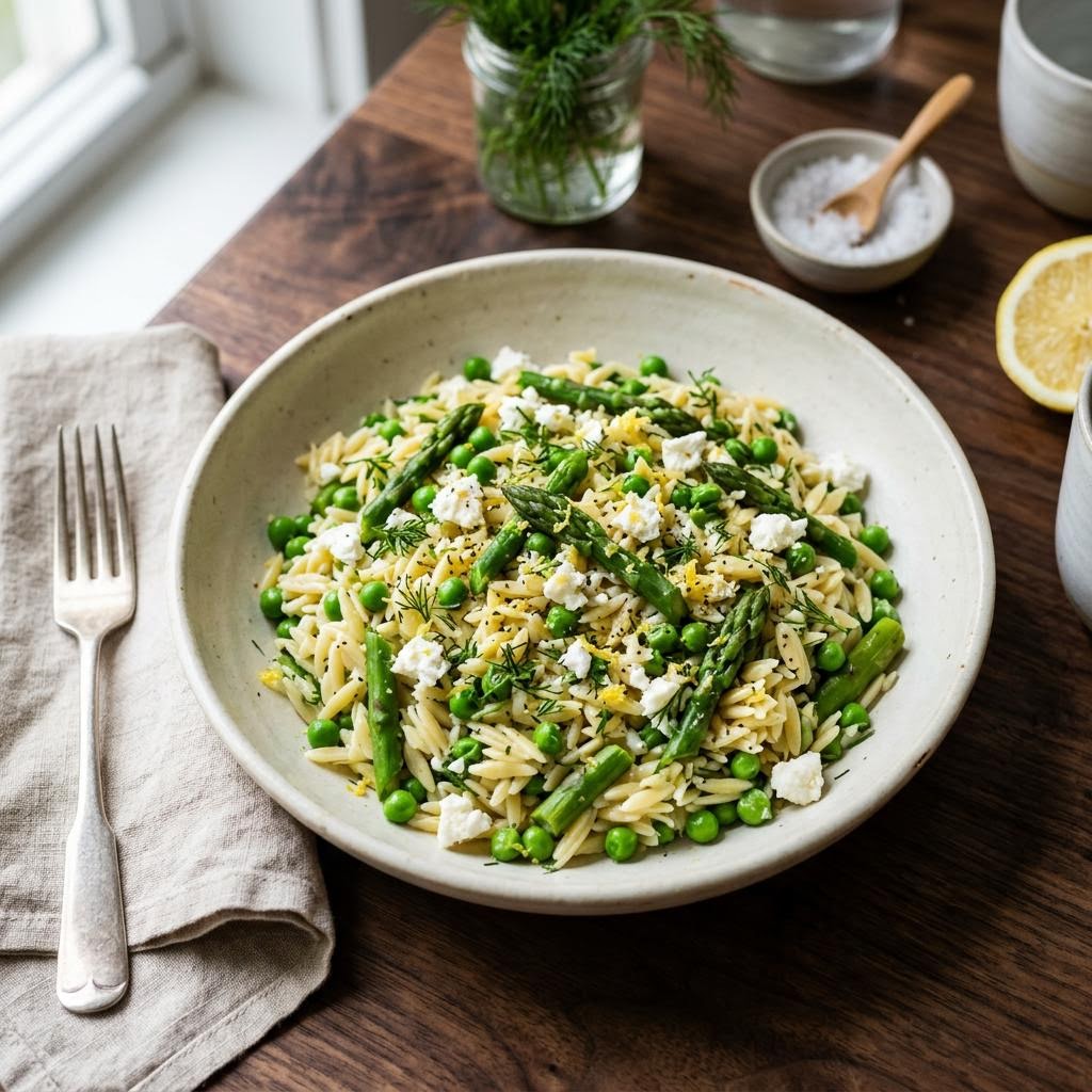 Spring pea lemon orzo with spinach feta and fresh herbs