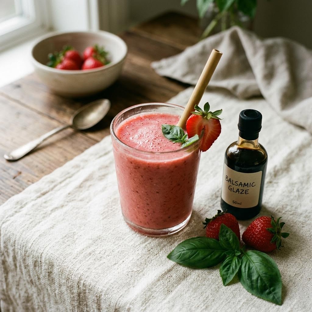 Pink strawberry balsamic smoothie with fresh berries and a small basil leaf