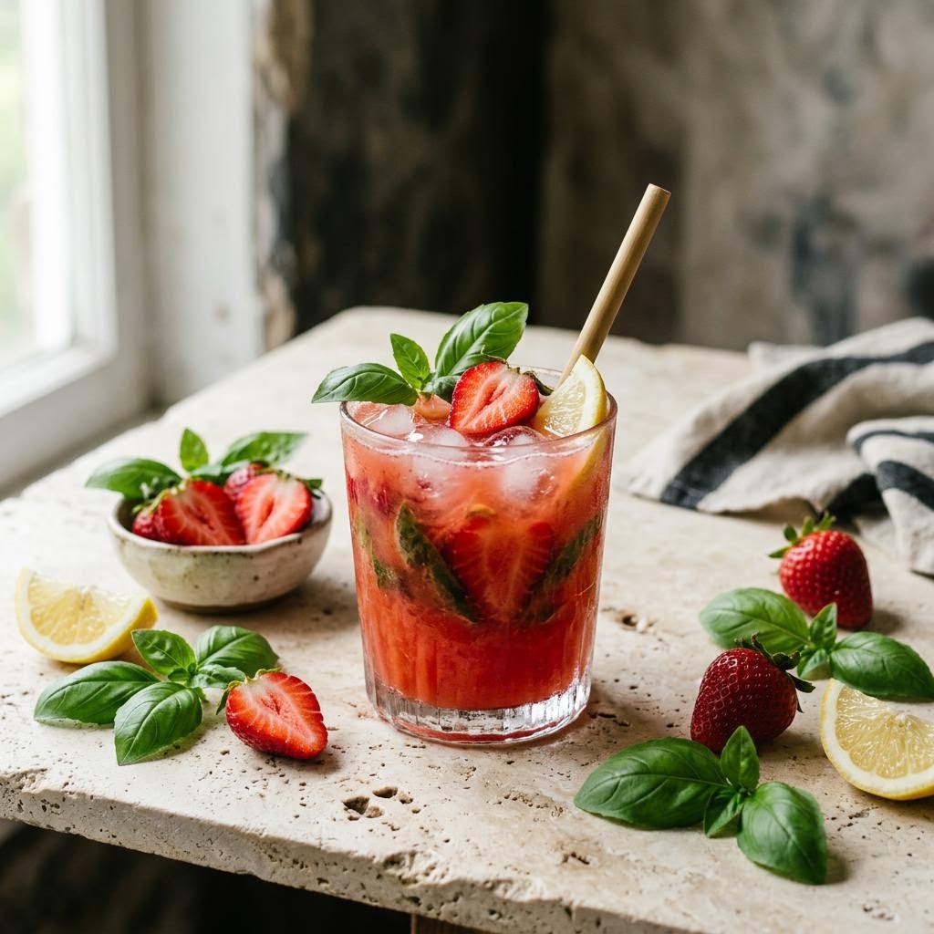 Rosy strawberry basil juice with lemon slices and fresh basil