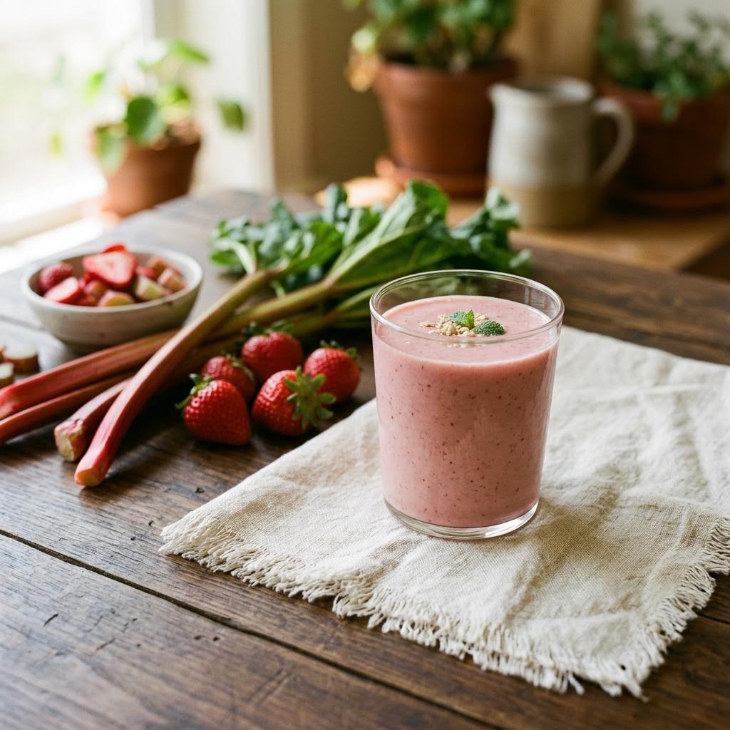 Pink strawberry rhubarb kefir smoothie with strawberries and rhubarb stalks