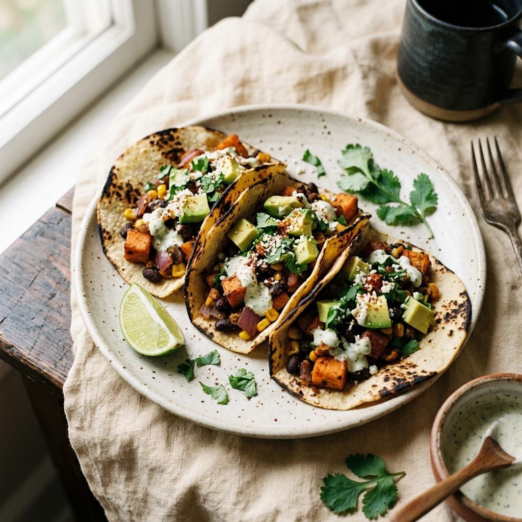 Sweet potato black bean tacos with purple cabbage, lime and cilantro