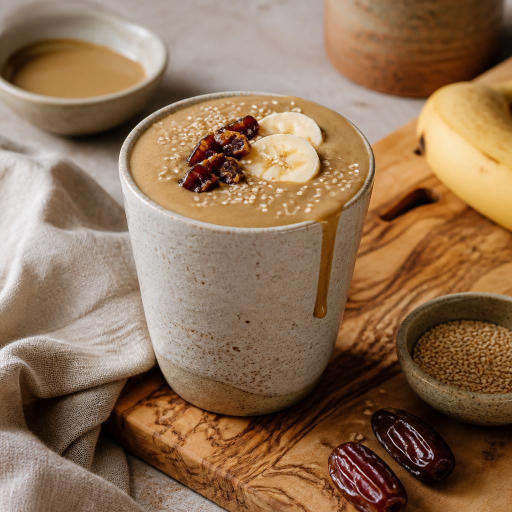 Tahini date smoothie with sesame and banana in a stoneware tumbler