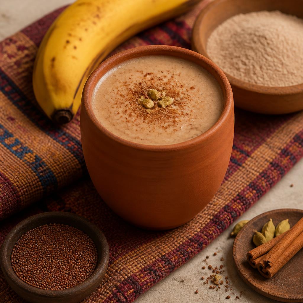 Spiced teff banana smoothie with cinnamon and cardamom in a clay cup