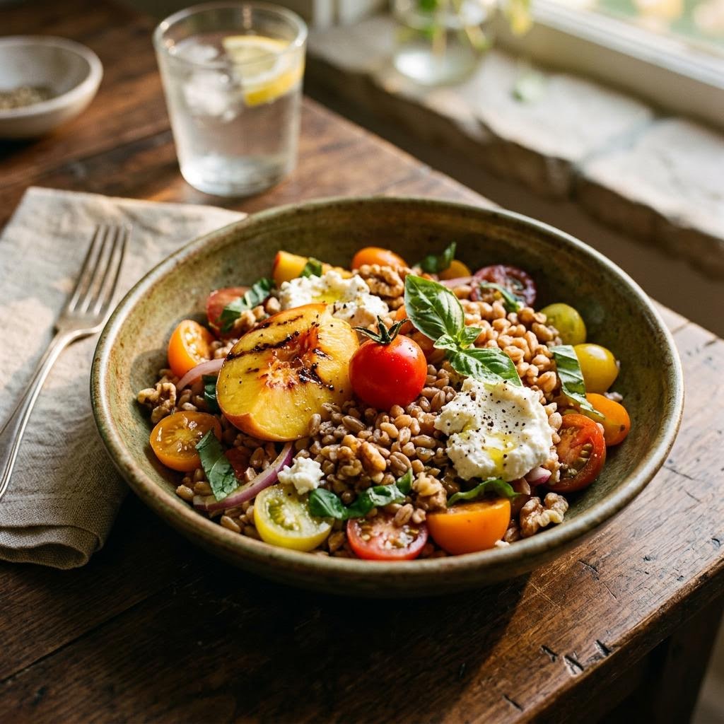 Tomato peach farro salad with basil cucumber and balsamic dressing
