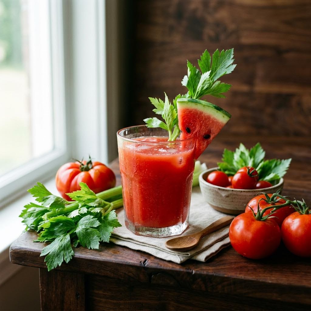 Tomato watermelon celery juice with lime basil and summer produce