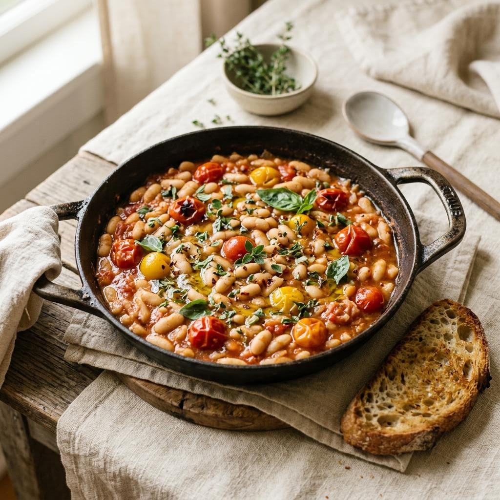 Tomato white bean skillet with wilted greens and golden toast