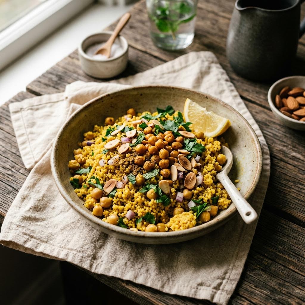 Golden turmeric chickpea couscous with peppers, herbs and raisins