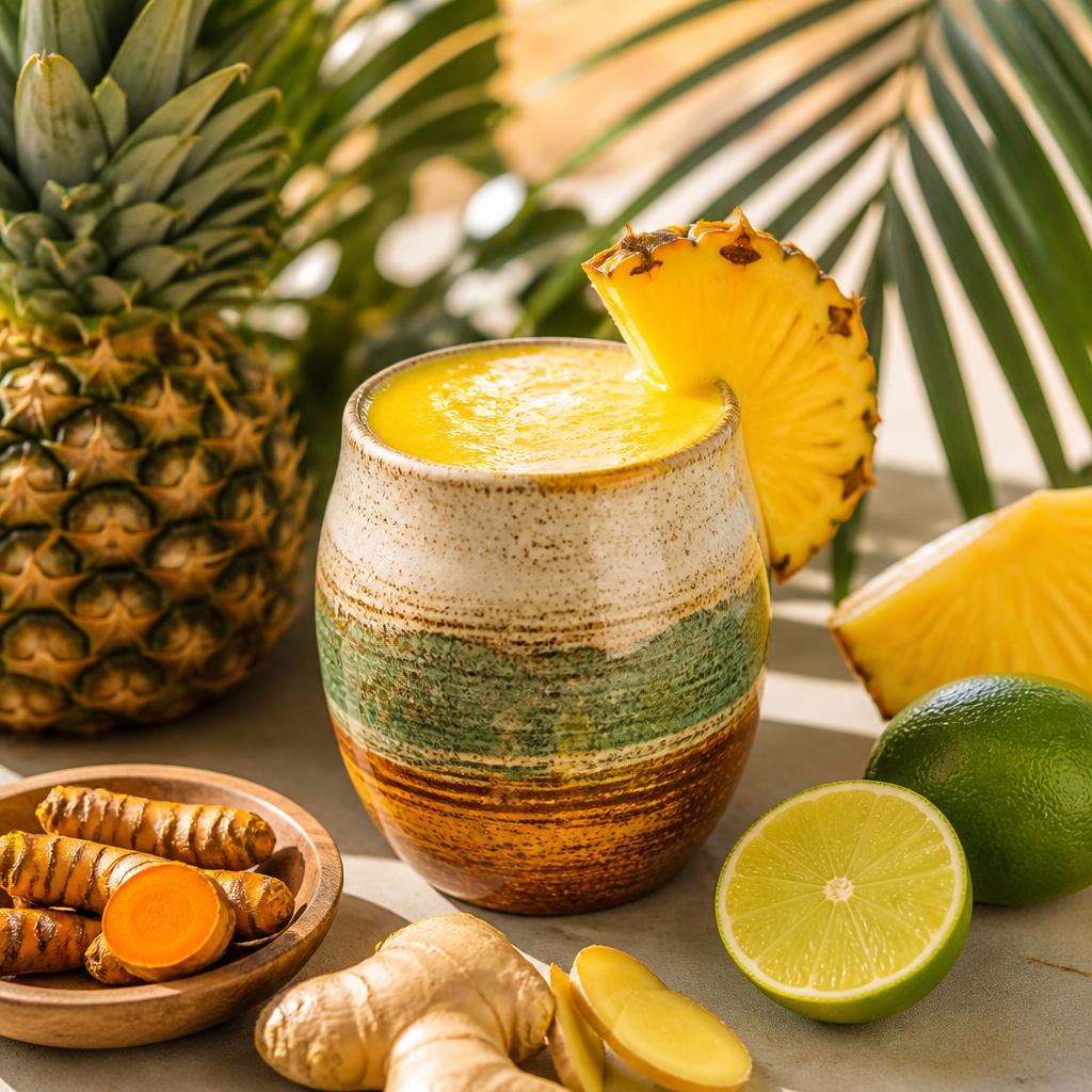Golden turmeric pineapple smoothie with ginger, lime and fresh turmeric root