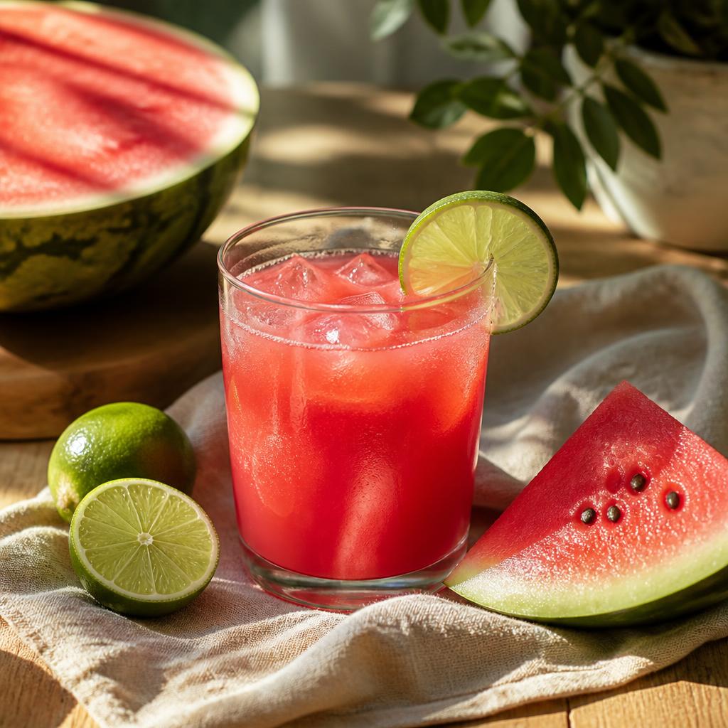 Ruby watermelon lime juice with mint leaves and fresh watermelon wedges