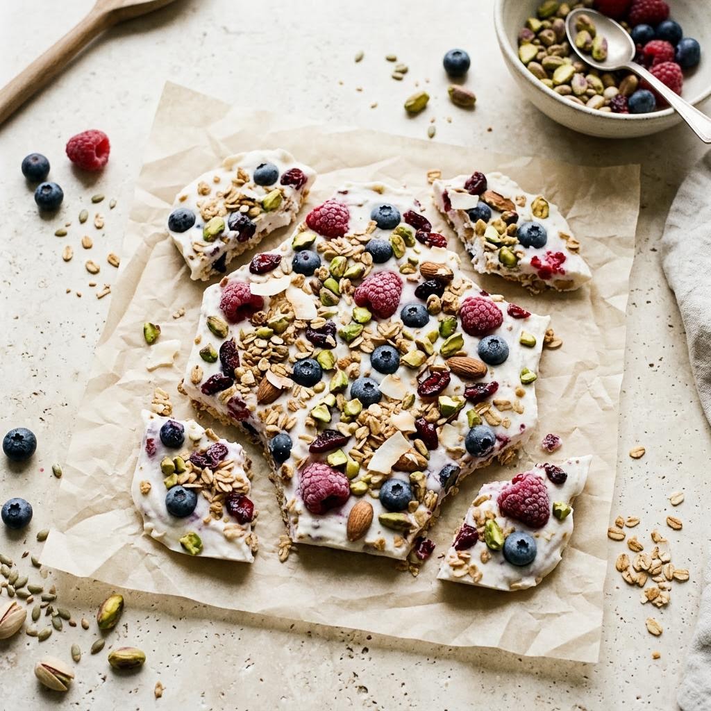 Frozen yogurt granola bark with berries, pumpkin seeds and granola